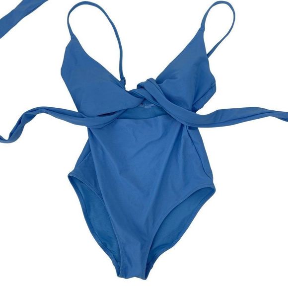 Wave Sz S One Piece Tie front Cutout Light Blue Lined Swimsuit One Piece 2741 - Picture 3 of 5
